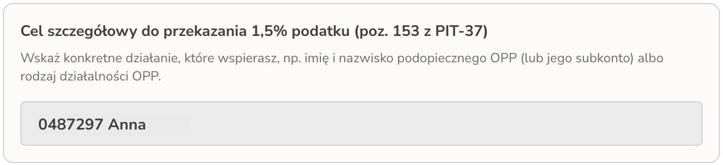 Wskazanie celu szczegółowego do przekazania 1,5% podatku